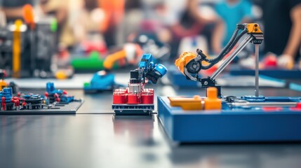 Poster - A dynamic robotics competition with robot teams and technical setups, Robotics kits and competition arena arranged for STEM education, Classic photo of