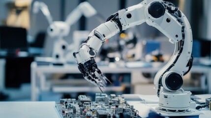 Poster - A dynamic robotics workshop with robot prototypes and technical equipment, Robotics tools and components set up for innovation and experimentation, Classic photo of