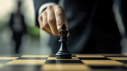 Wall Mural - A businessman moving a chess piece on a board, a concept of business strategy and management with a focus on one queen in close-up view