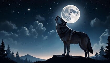  Majestic Wolf Howling Night Sky Full Moon Landscape Art