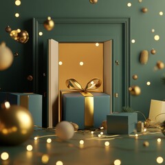 Poster - 3D background, Christmas gift box pile with open door.  Beige and green backdrop. Gold ribbon present with Christmas lights. 3D render mockup illustration