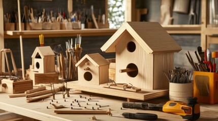 Aufkleber - A meticulously arranged birdhouse building workshop, Wood pieces, nails
