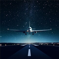 Aufkleber - Airplane in the sky, runway and take-off plane. Banner or flyer for travel and vacation design. Starry night sky. Vector illustration.