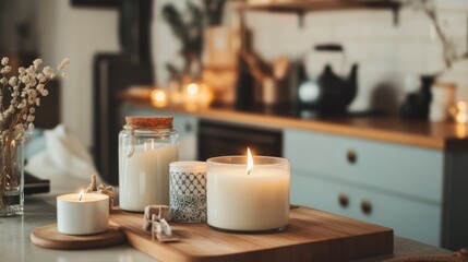 Poster - A meticulously arranged candle making station in a cozy kitchen, Wax and wicks neatly placed, Modern minimalist style