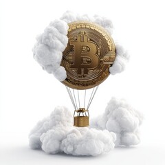 Poster - bitcoin with hot air balloon surrounded by cloud isolated on white background,blockchain technology,minimal style.3d rendering.