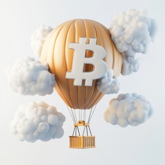 Poster - bitcoin with hot air balloon surrounded by cloud isolated on white background,blockchain technology,minimal style.3d rendering.