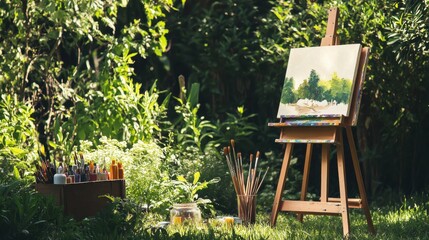 Poster - A meticulously arranged painting easel in a lush garden, Paints and brushes thoughtfully positioned, Modern artistic style