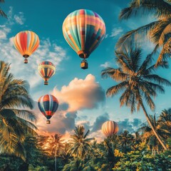 Leinwandbilder - Search bar white and luggage blue on passport with airplane is taking off. Hot-air balloons flying over the coconut tree cloud. Making ad media about tourism. Searching to travel. 3D Vector EPS10.