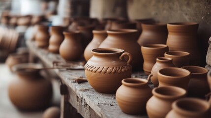 Poster - A meticulously arranged pottery workshop, Clay pots in various stages of creation, Artisanal craft style