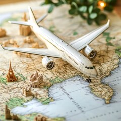 Aufkleber - 3D airplane in clouds and paper map. Render world travelling by plane. World map with location pin. Time to travel concept, holiday planning. Tourist worldwide transportation. Vector illustration