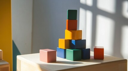 Poster - A meticulously crafted block-building station within a minimalist studio, Vibrant blocks precisely positioned, Modern minimalist style
