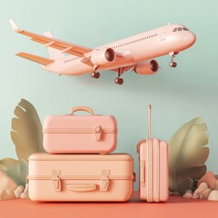 Aufkleber - Time to travel. 3D render traveling elements: airplane and suitcase luggage. Summer vacation design. Air transportation