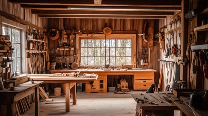 Aufkleber - A meticulously organized woodworking shop with sawdust-covered benches, Tools hanging neatly against wooden walls, Traditional craftsmanship style