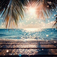 Leinwandbilder - Beach Table - Sand And Palm Leaves In Sunny Abstract Seascape With Glittering In Ocean Of Sunlights
