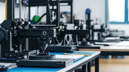 Aufkleber - A modern 3D printing lab with 3D printers and filament spools, Prototype models and technical drawings meticulously arranged, Innovative maker style