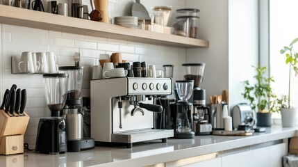 Aufkleber - A modern home barista setup in a stylish kitchen, Coffee machines and accessories neatly placed, Sleek and functional style