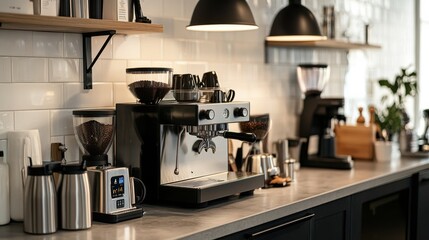 Aufkleber - A modern home barista setup in a stylish kitchen, Coffee machines and accessories neatly placed, Sleek and functional style