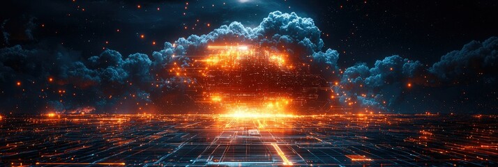 Poster - A digital explosion of vibrant colors against a dark, cloud-filled backdrop.