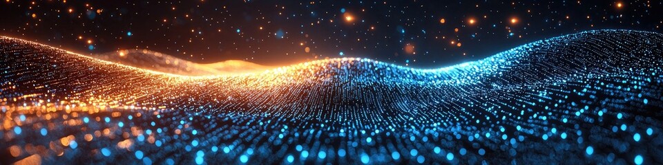 Poster - A digital landscape of glowing particles in vibrant blue and orange hues.