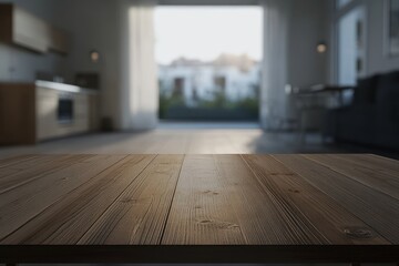 Wall Mural - Empty wooden table in blurred modern kitchen.