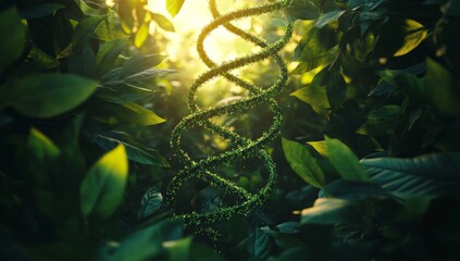 Poster - DNA helix in lush green jungle, sunlight.