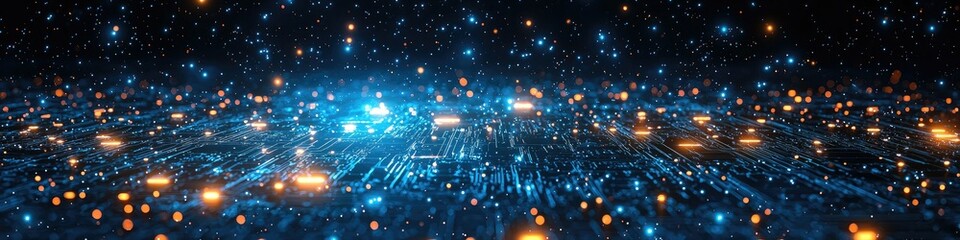 Poster - A digital landscape with glowing particles and circuitry, symbolizing technology and innovation.