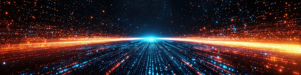 Poster - A digital representation of a cosmic landscape with vibrant light trails and depth.