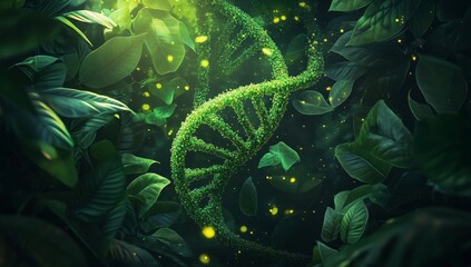 Canvas Print - Glowing DNA helix in lush green foliage, fireflies.