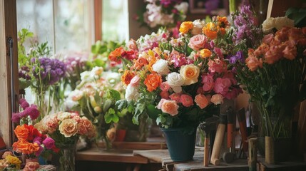Poster - A picturesque flower arranging workshop with colorful blooms and tools, Floral arrangements set up for creativity, Classic photo of