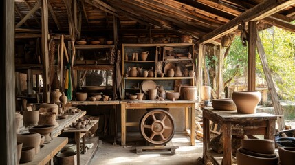Aufkleber - A rustic pottery shed with pottery wheels and clay pots, Pottery tools and ceramics in progress meticulously arranged, Artisanal workshop style