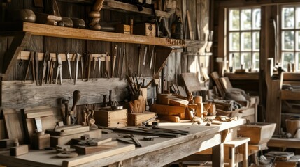 Poster - A rustic woodworking workshop with hand tools and woodcraft projects, Carpentry tools and wooden sculptures meticulously arranged, Artisanal woodworker style