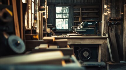 Aufkleber - A rustic woodworking workshop with saws and timber, Carpentry equipment and wood pieces meticulously arranged, Vintage artisan style