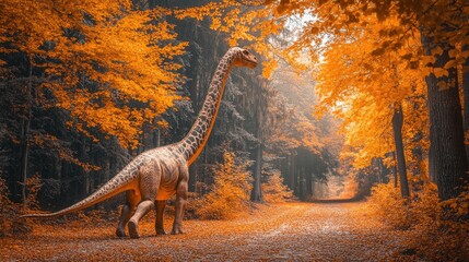 Wall Mural - A dinosaur walks through a serene, autumnal forest with vibrant orange foliage.