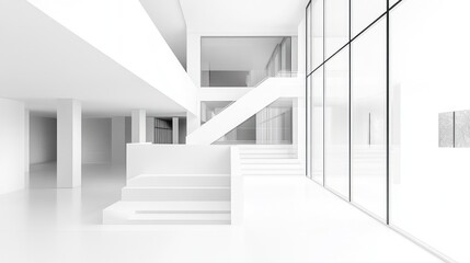 Poster - Modern white minimalist architecture interior with stairs and glass wall.