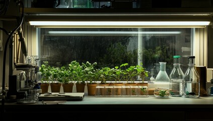 Canvas Print - Lab bench with plants under grow lights at night.