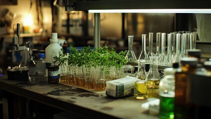 Aufkleber - Lab bench with plants, glassware, and chemicals.
