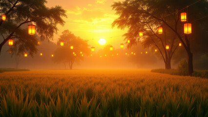 Wall Mural - Sunset Rice Field with Lanterns - Golden Hour/Sunset Scenes: The im.