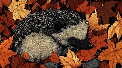 Wall Mural - Sleeping hedgehog nestled in autumn leaves.