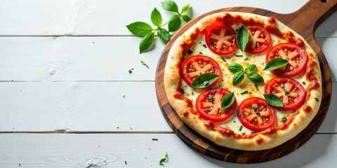 Wall Mural - Delicious Margherita Pizza on Rustic Wooden Board with Fresh Basil