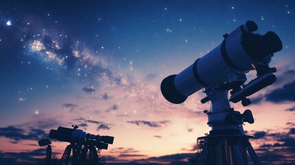 Poster - A serene astronomy observatory with telescopes and star charts, Astronomy tools and clear night sky meticulously arranged, Stargazer's haven style