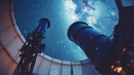 Poster - A serene astronomy observatory with telescopes and star charts, Celestial tools and equipment meticulously arranged, Scientific discovery style