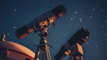 Poster - A serene astronomy observatory with telescopes and star charts, Celestial tools and equipment meticulously arranged, Scientific discovery style