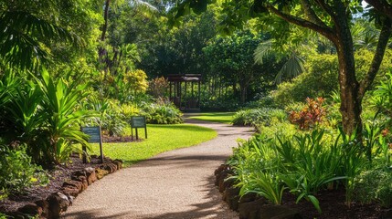 Poster - A serene botanical garden with carefully curated plant collections and pathways, Gardening tools and signage set up for exploration, Classic photo of