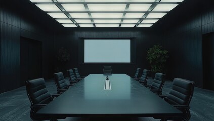 Poster - Dark modern boardroom with large table and screen.