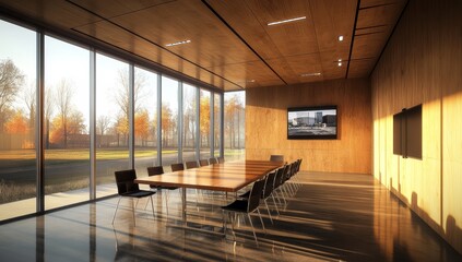Poster - Modern conference room with large windows and wooden walls.