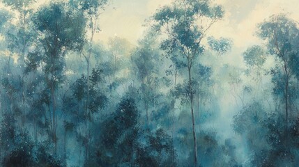 Sticker - Misty forest scene, teal and blue hues, tall trees.