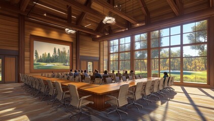 Aufkleber - Large conference room with wooden beams, large windows overlooking a golf course, and a screen displaying golf imagery.