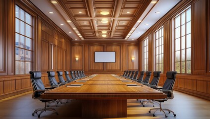 Poster - Luxurious wood-paneled boardroom with large conference table and chairs.