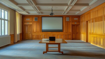 Poster - Empty conference room with wooden walls, projector screen, and laptop on table.