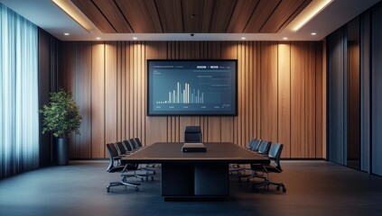 Poster - Modern boardroom with large screen displaying financial data.